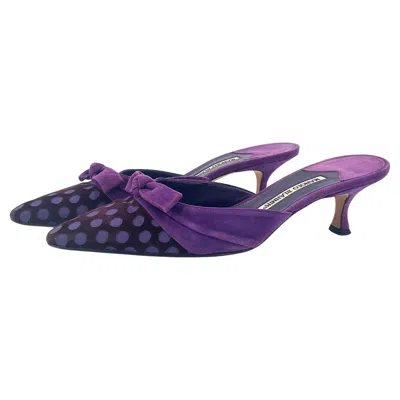 Pre-owned Manolo Blahnik Vintage Polka Dot Bow Pointed Toe Kitten Heel Mules 38.5 In Purple