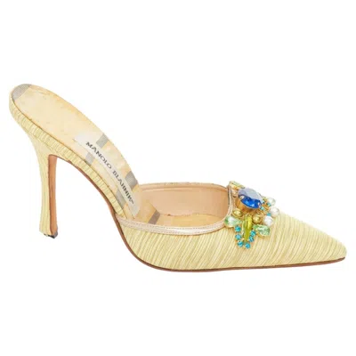 Pre-owned Manolo Blahnik Vintage Textured Fabric Multicolor Jewel Stiletto Mules Eu37 In Beige