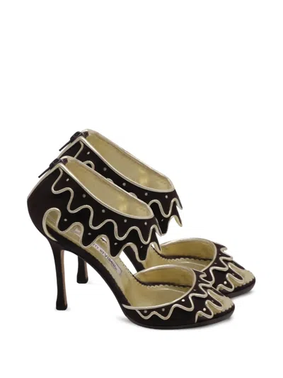 Pre-owned Manolo Blahnik Wavy Ankle-strap Sandal Heels In Black