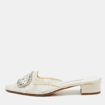 Manolo Blahnik White Lace Crystal Embellished Block Heel Pumps
