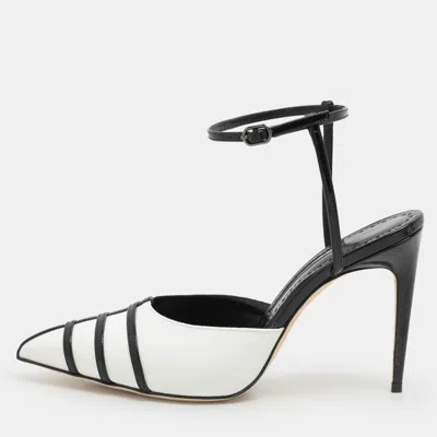 Pre-owned Manolo Blahnik White/black Canvas And Patent Leather Ankle Strap Sandals Size 37