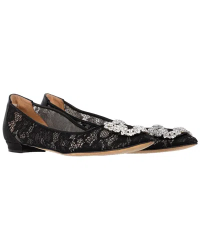 Manolo Blahnik Women's Cotton Hangisi Crystal Embellished Lace Ballet Flat  (authentic Pre-loved) In Black