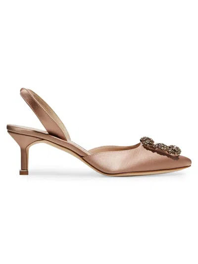 Manolo Blahnik Women's Hangisli 50mm Satin Jewel Buckle Pumps In Brown