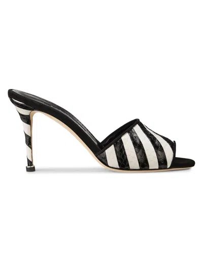 Manolo Blahnik 90mm Larache Striped Embossed Leather Mule Sandals In Black