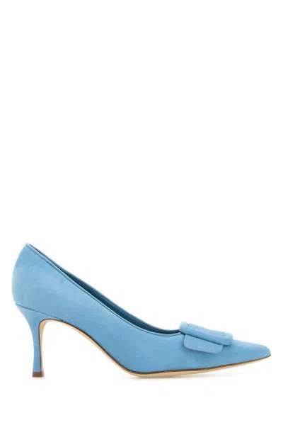 Manolo Blahnik Suede Maysale Kitten Heel Pumps In Blue
