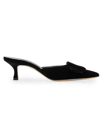 Manolo Blahnik Women's Maysale 50mm Buckle-detail Velvet Kitten-heel Mules In Black