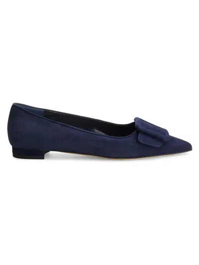 Manolo Blahnik Reador 10 Bow-detailed Suede Point-toe Flats In Blue
