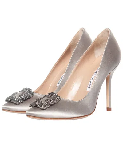 Pre-owned Manolo Blahnik Women's Silk Cotton Hangisi Pump (authentic Pre-loved) In Gray