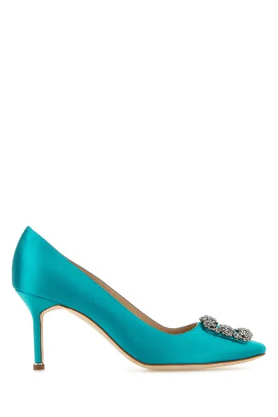 Manolo Blahnik Women Turquoise Satin Hangisi Pumps In Blue