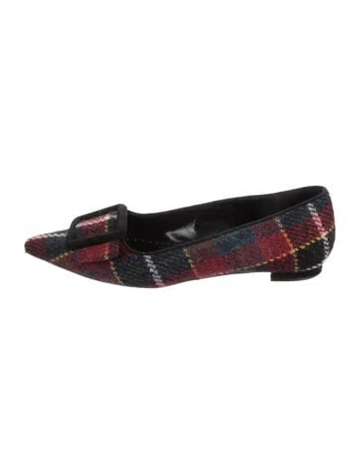 Pre-owned Manolo Blahnik Wool Plaid Print Flats In Burgundy