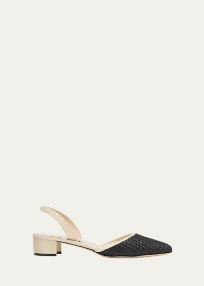 Manolo Blahnik Woven Slingback Ballerina Pumps In White/black