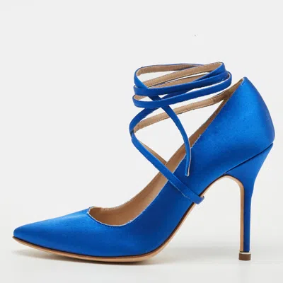 Pre-owned Manolo Blahnik X Vetements Size 38 Blue Satin Ankle Wrap Pumps