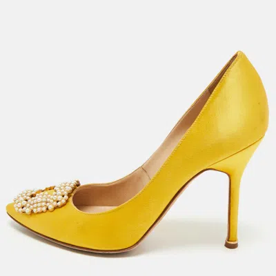 Pre-owned Manolo Blahnik Yellow Satin Hangisi Pumps Size 38