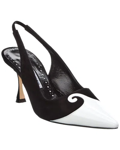 Manolo Blahnik Zaborus 70 Leather & Suede Slingback Pump In White