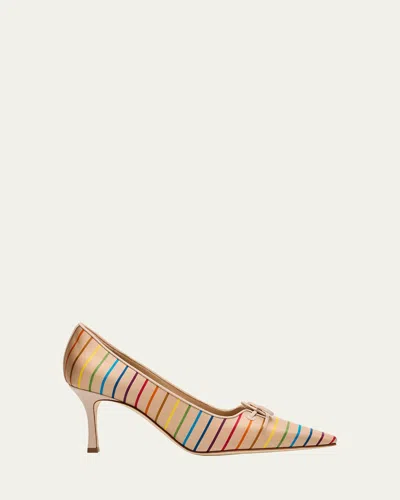 MANOLO BLAHNIK ZAMAN STRIPE SILK AND LEATHER PUMPS