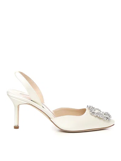 Manolo Blahnik Hangisi Embellished Buckle Slingback Pumps In White