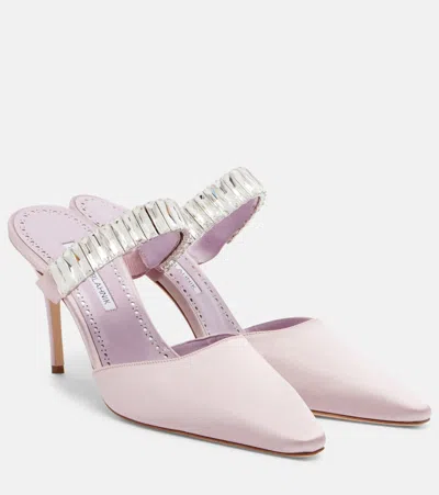 Manolo Blahnik Zumbon Embellished Satin Mules In Purple