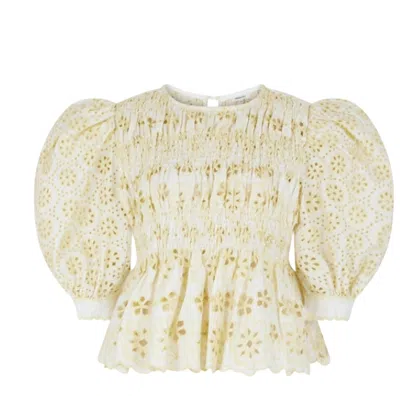 Manoush Floral Broderie Smocked Blouse In White In Neutral