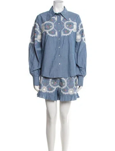 Pre-owned Manoush Floral Print Embroidered Accent Short Set In Blue