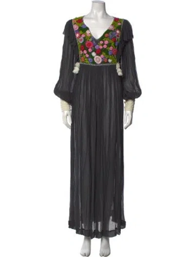 Pre-owned Manoush Floral Print Long Dress In Grey
