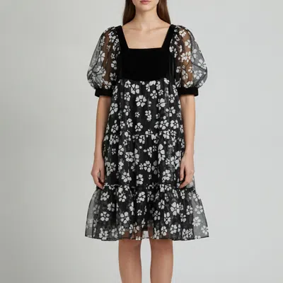 Pre-owned Manoush Monochrome Floral Jacquard Organza Tiered Mini Dress M In Black