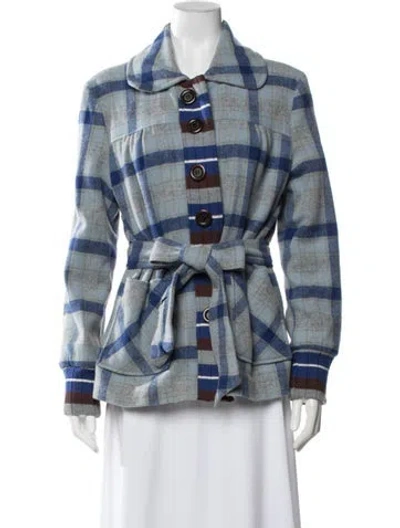 Pre-owned Manoush Wool Plaid Print Jacket In Blue