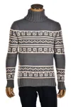 Manrico Cashmere Tribal Pattered Turtleneck Thick Knit Sweater In Gray