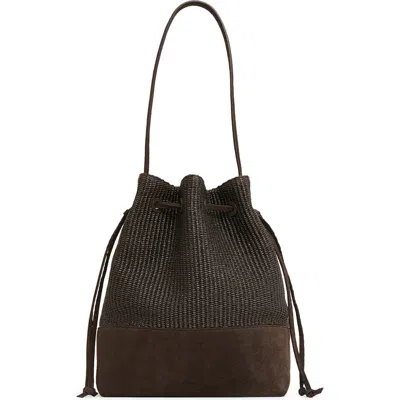 Mansur Gavriel Drawstring Woven Raffia & Suede Bucket Bag In Brown