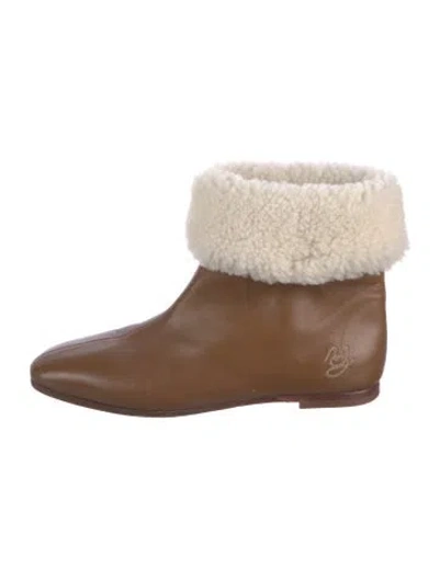Pre-owned Mansur Gavriel Leather Faux Fur Trim Boots In Brown