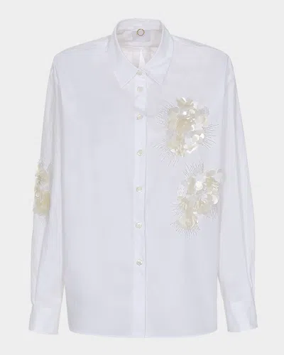 Mantù Bead & Sequin Floral Cotton Blouse In Optical White