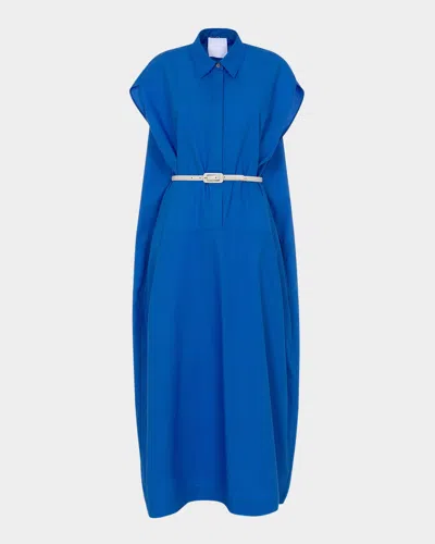 Mantù Belted Draped-back Cotton Midi Shirtdress In Bluette
