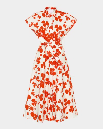 Mantù Floral-print Cotton Canvas Midi Shirtdress In Orange And White