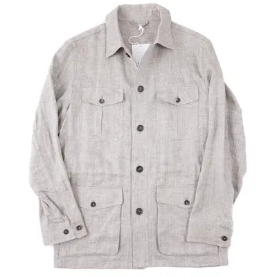Pre-owned Manto Woven Herringbone Linen Safari Field Jacket With Suede Detail M In Beige