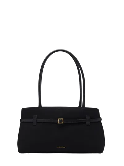 Manu Atelier Black Slim Belt Detail Leather Shoulder Bag