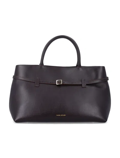 Manu Atelier Leather Tote Bag With Buckle Detail In Bitter Brown