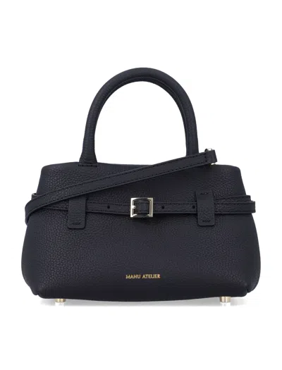 Manu Atelier Pebbled Leather Top Handle Satchel With Shoulder Strap In Nero