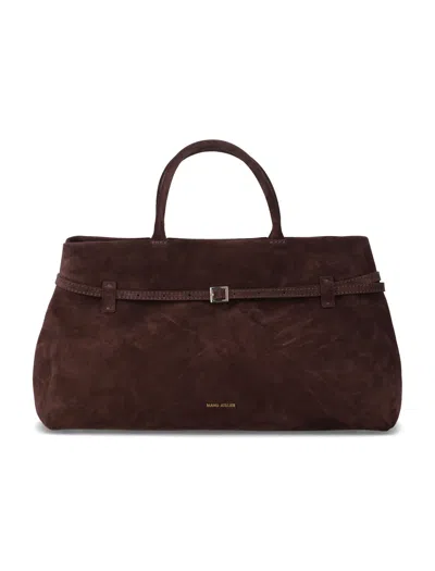 Manu Atelier Spacious Suede Tote Bag With Magnetic Closure And Organizational Interior In Brown
