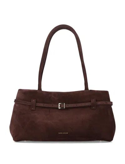 Manu Atelier Suede Shoulder Bag With Buckle Detail In Deep Brown
