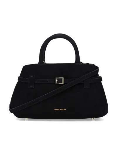 Manu Atelier Suede Top Handle Satchel With Detachable Shoulder Strap In Nero