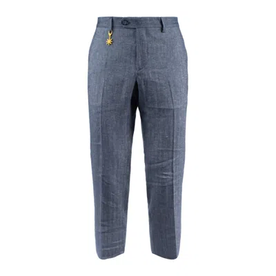 Manuel Ritz Blue Cotton Linen Chevron Pants