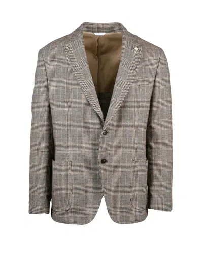 Manuel Ritz Brown Checkered Unlined Cotton-blend Jacket In Gray