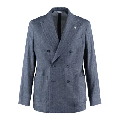 Manuel Ritz Double-breasted Chevron Linen Cotton Blue Jacket