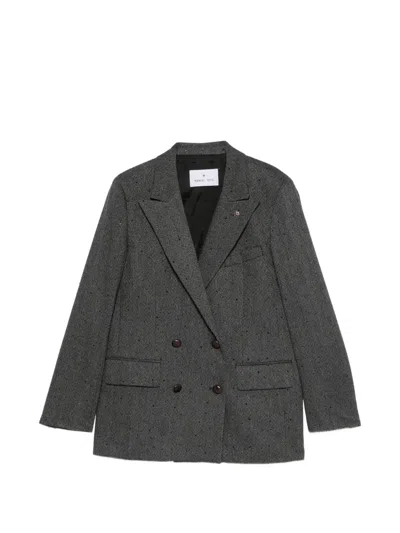 Manuel Ritz Double-breasted Chevron-weave Blazer In Gray