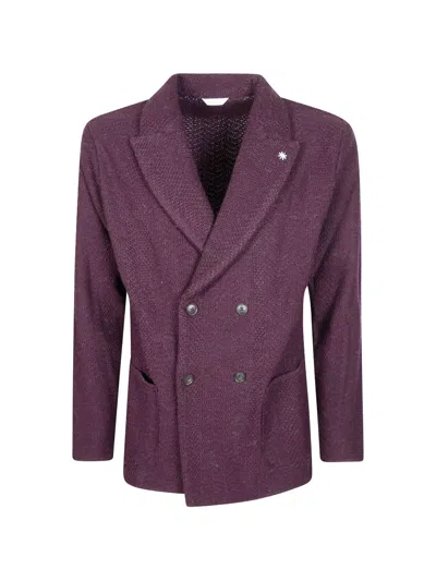 Manuel Ritz Double-breasted Herringbone-knit Blazer In Purple