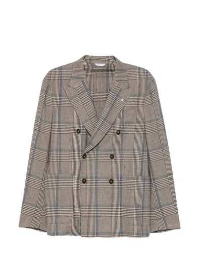 Manuel Ritz Double-breasted Overcheck Blazer In Neutrals