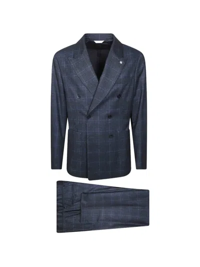 Manuel Ritz Double-breasted Prince Of Wales Check Suit In Blue