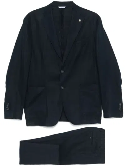 Manuel Ritz Linen Single-breasted Suit In Blue