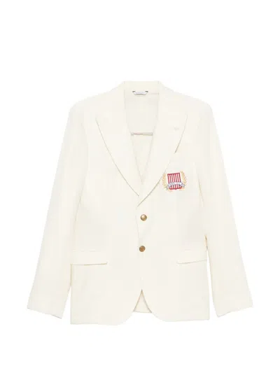 Manuel Ritz Logo-embroidered Peak-lapel Jacket In Neutral