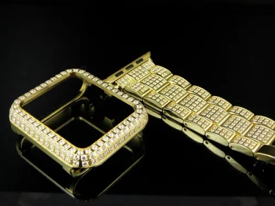 Pre-owned Manufacturer Yellow Finish Stainless Steel Apple I-watch Ready Created Diamond Bezel+bracelet