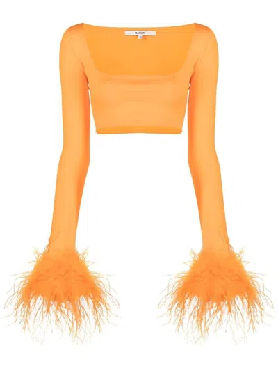 Manurí Feather-cuff Crop Top In Orange